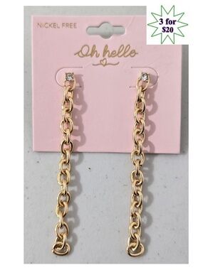 New Oh Hello Earrings Womens Fashion Jewelry Gold Dangle Chain Link Diamond NWT